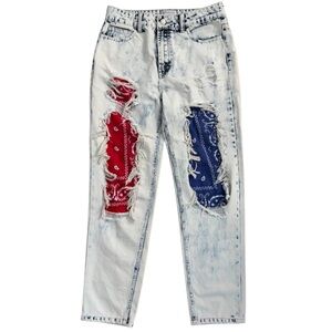 Uniq By Litz Bandana Red/Blue Acid Washed Strait Leg Distressed Jeans Size 27